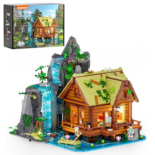 Lumibricks Waterfall Cabin Building Set with Light – 2539 Pieces Retro Wooden House with Moving Waterfall & Nature Scenery, Collectible for Adults