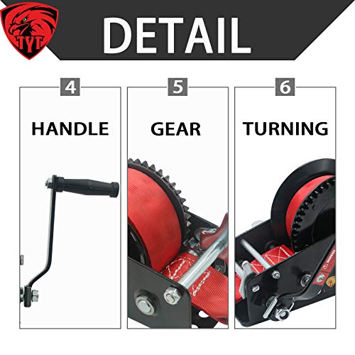 TYT New 2500lbs Hand Winch Crank Gear Winch with Strap, Manual Winch with High Carbon Steel, 8M Strap Boat Trailer Winch, 4:1 8:1 Gear Ratio Boat Winch for ATV SUV UTV (Black Winch and Red Strap) - Image 6