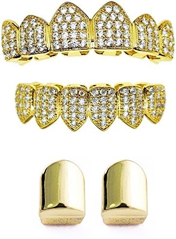 Gold Plated Cubic Zirconia Iced Out Top Top and Bottom CZ Teeth Set Hip Hop Bling Grillz + 2x Single Tooth Cap