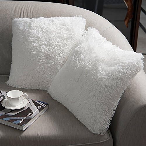 Luxury Soft Faux Fur Fleece Cushion Cover Pillowcase Decorative Throw Pillows Covers, No Pillow Insert, 18" x 18" Inch, White, 2 Pack