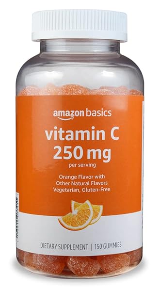 AMAZON BASICS VITAMIN C GUMMIES, SOUR ORANGE FLAVOR, 250 MG, 150 COUNT, VEGETARIAN, IMMUNE HEALTH SUPPORT (PREVIOUSLY SOLIMO)