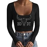 Western Outfit for Women Country Concert Tops Cute Cowgirl Graphic Tee Casual Square Neck Long Sleeve Crop Top