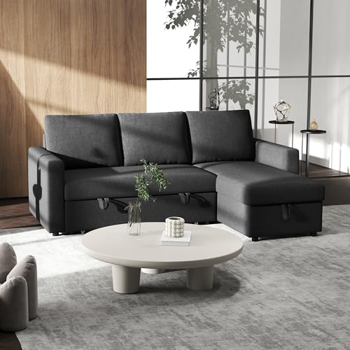 HOMCOM Convertible Corner Sofa Bed, 83" Pull Out Sleeper Sofa with Chaise Storage, L-Shaped Sectional Futon Couch with 3 Removable Back Cushions for Living Room, Apartment, Black