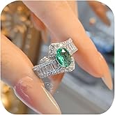 Simulated Paraiba Tourmaline Halo Ring for Women Sterling Silver Art Deco Ring Cubic Zirconia Oval Stone Emerald CZ Statement Wedding Engagement Promise Rings Comfort Fit Open Adjustable