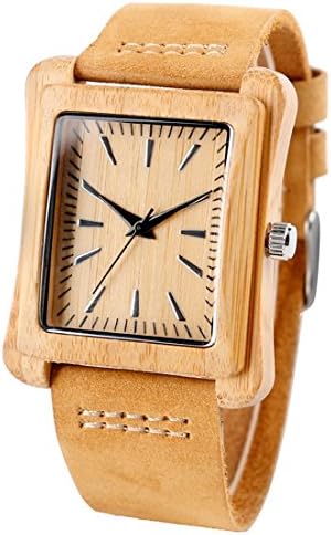 Creative Wooden Watch Mens Rectangle Dial Bamboo Leather Band Wood Quartz Wrist Watch (brown dial brown band)