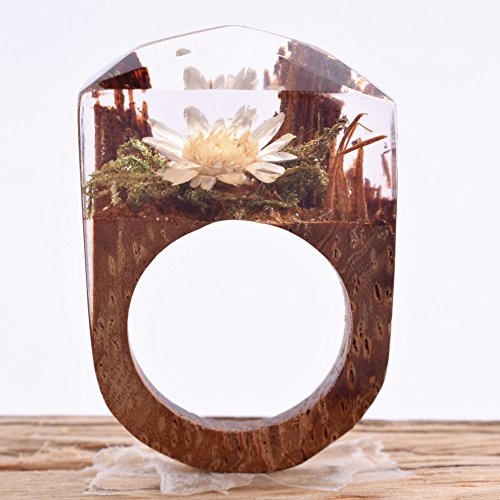 Handmade Wood Resin Rings Secret Pink Rose Flowers Inside Worlds