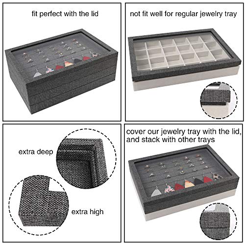 Mebbay Sackcloth Stackable Jewelry Trays Organizer Set with Clear Lid, Jewelry Storage Display Trays for Drawer, Earring Necklace Bracelet Ring Organizer - Set of 4 (Grey-Black) - Thumbnail 2