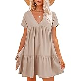 Lueluoye Women V Neck Flowy Babydoll Dresses 2025 Summer Short Sleeve Swing Shift Loose Casual Summer Mini Tunic Dress