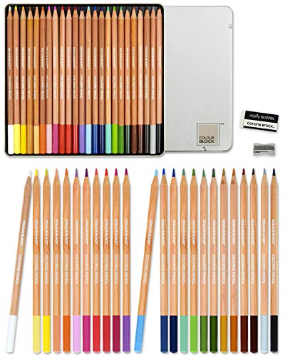 COLOUR BLOCK Colored Pencil Set - 24PC Premium Cedar Handle Drawing Pencils, Vinyl Eraser, Sharpener, Tin Storage Box
