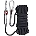 GINEE Outdoor Rock Climbing Rope 32Ft,Black Static 10mm Rope Two Hooks for Safety Rescue Rappelling,Tree Climbing Gear Spikes Harness