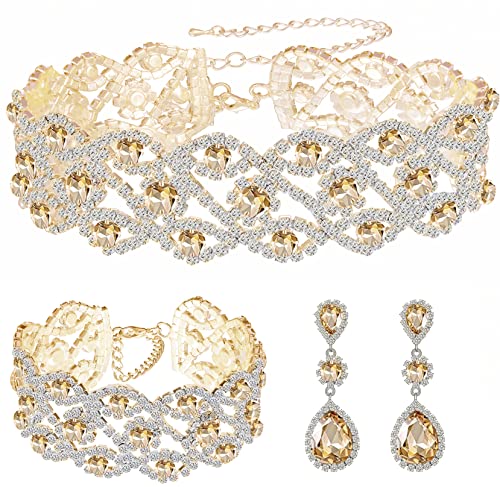 Paxuan Women Rhinestone Crystal Wedding Bridal Choker Necklace Earrings Bracelet Jewelry Sets