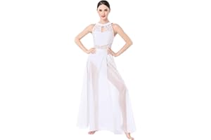 ODASDO Lyrical Dance Costume for Women Lace Sleeveless Leotard Sheer Flowy Long Wrap Skirt 2pcs Outfit