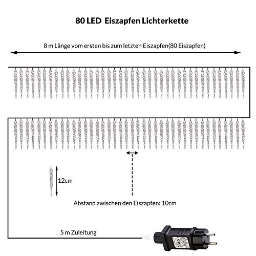 Monzana Kerstverlichting 80 LED Ijspegels 5m IP44 Binnen Buiten Kerstversiering Lichtsnoer Koudwit - Afbeelding 4