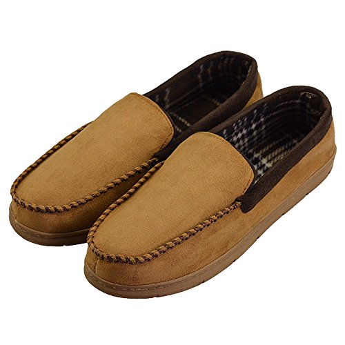VLLY 2017 Men's Pile Lined Microsuede Indoor Outdoor Slip On Moccasin Slippers US 8-9 Camel (FBA)