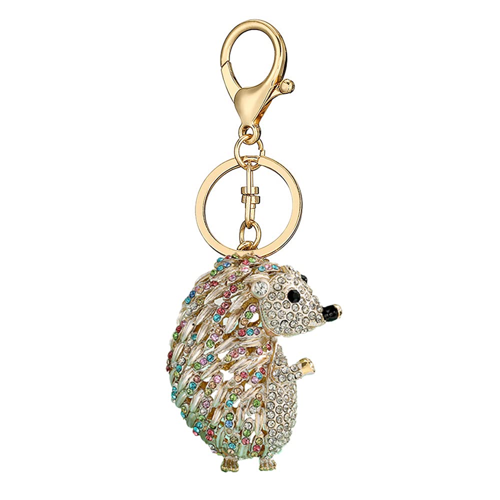 Sparkling Hedgehog Rhinestone Keychain,Cute Gold Animal Keyring Pendant (White)