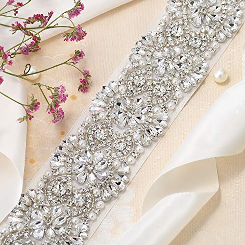 FANGZHIDI Bridal Belt Sash with Rhinestones Silver Floral Crystal Bridal Sash for Wedding Dresses (Sliver, Ivory) - Thumbnail 2