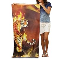 JOEKAORY Cool Tiger in Flame Print Beach Towel Personalized Custom Ultra Soft Super Water Absorbent Multi-Purpose Oversized for Home Hostel 31.5"x 51.2"