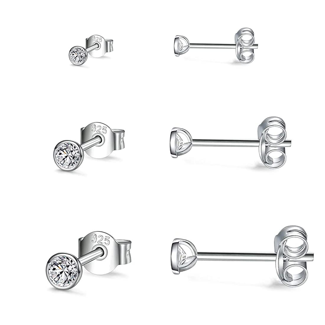 Gulicx 3 Pairs 925 Silver Stud Earrings Set for Women Girls, Hypoallergenic Stering Silver Round Cubic Zirconia Simulated Diamond Stud Earrings, Small Sleeper Cartilage Studs Earrings,Size:2,3,4mm — image 1