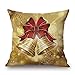 Gold Christmas Bows and Bells Throw Pillow Covers Set of 4 Cotton Linen Decorative Pillow Case for Sofa Christmas Home Cushion Covers 18 x 18 Inches