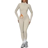 AEEZO Womens Fleece Lined Built-In Bra Workout Jumpsuits Zip Up Thermal Yoga Rompers Sexy One Piece Bodycon Romper