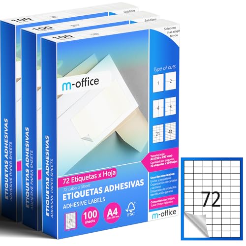 M-Office A4 Compatible Label Printer, White Stickers for Daily Use, Adhesive Paper for Printing, Write Stickers (72 per Sheet, 300h)