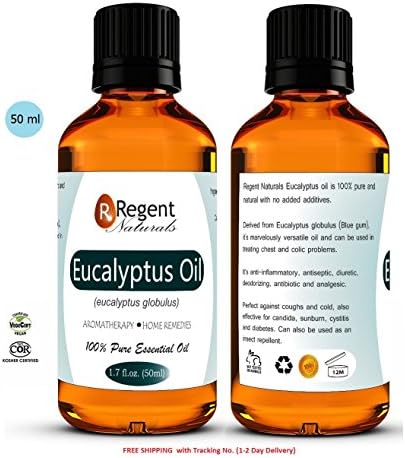 Best Eucalyptus Oil 50ml and 100% pure and natural. Great for aromatherapy, acne, diffuser, air freshener, headache, cold and flu and various bath and body works. Get one Now by Regent Naturals.