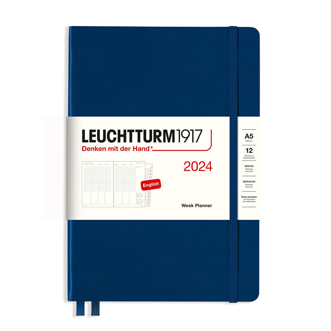 LEUCHTTURM1917 367830 Weekly Planner Medium (A5) 2024, 12 Months, Navy, English