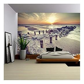 Retro Vintage Style Beautiful Sunset Over Baltic Sea Coast, Miedzyzdroje in Poland. - Removable Wall Mural | Self-Adhesive Large Wallpaper - 66x96 inches