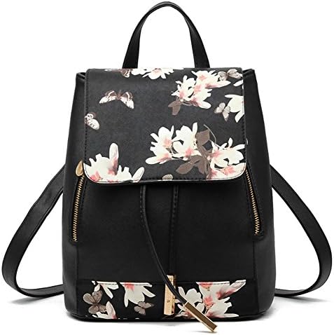 Womens Purse Leather Mini Casual Girls Schoolbag Tote Bag Shoulder Bag Rucksack PU bag Casual Waterproof (Flowers black)