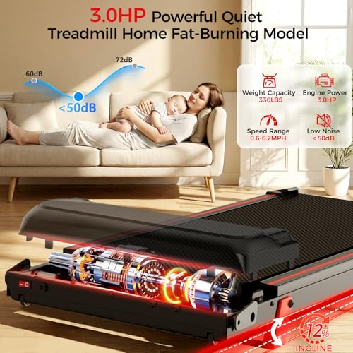 Walking Pad Treadmill with 12% Incline & Handrail, 3.0 HP Brushless Motor, 330 lb Capacity, 0.6-6.2 MPH, Compact Under-Desk Foldable Treadmill with LED Display and Cup Holders for Home Office