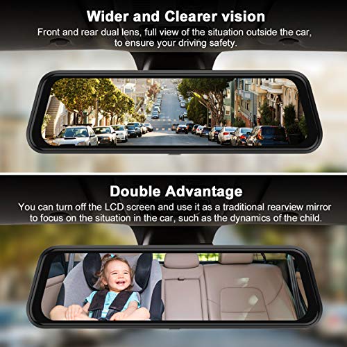 Backup Camera, 10Inch 1080P HD Mirror Dash Camera, Rear View Front and Rear Dual Lens with Loop Record, G-Sensor, 1080P Waterproof Reversing Assistance Camera, Parking Monitor, Night Vision [GRC]