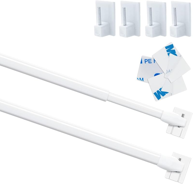 Venvemong 2Pcs Extendable Net Curtain Rods 50-80cm White with 6 Sticky Hooks