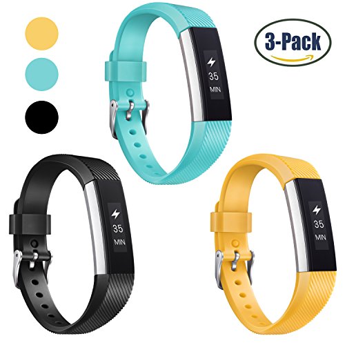 Fitbit Alta HR and Alta Bands, Konikit Soft Adjustable Replacement Band Accessory with Secure Watch Clasps for Fitbit Alta and Alta HR, Pack of 3 (Black+Yellow+Sky Blue)