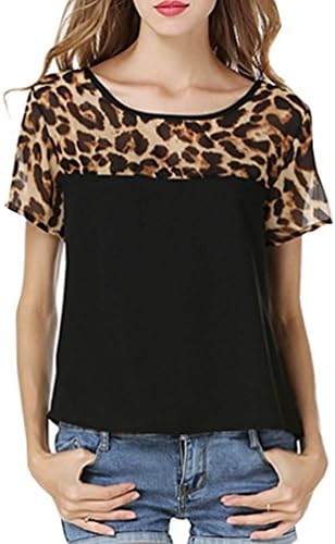 Sexy Women Ladies Blouse Elegant Tops Leopard Short Sleeve Shirt, Black, Medium