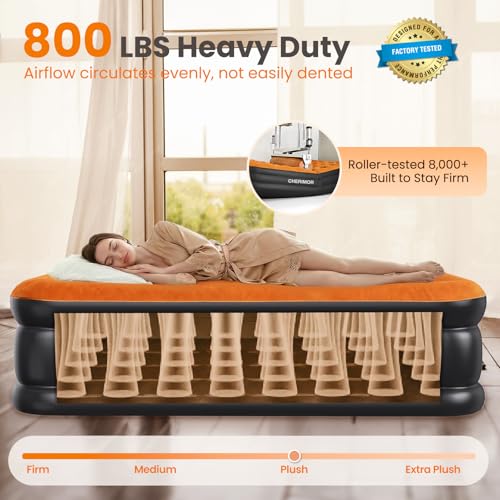 CHERIMOR Queen Air Mattress with Built-in Pump, Stable Edge Design, 48-Hour Leak-Tested Durable PVC, Supports up to 800 lbs, 3-Min Fast Inflation, Portable Inflatable Bed for Home Guests & Camping