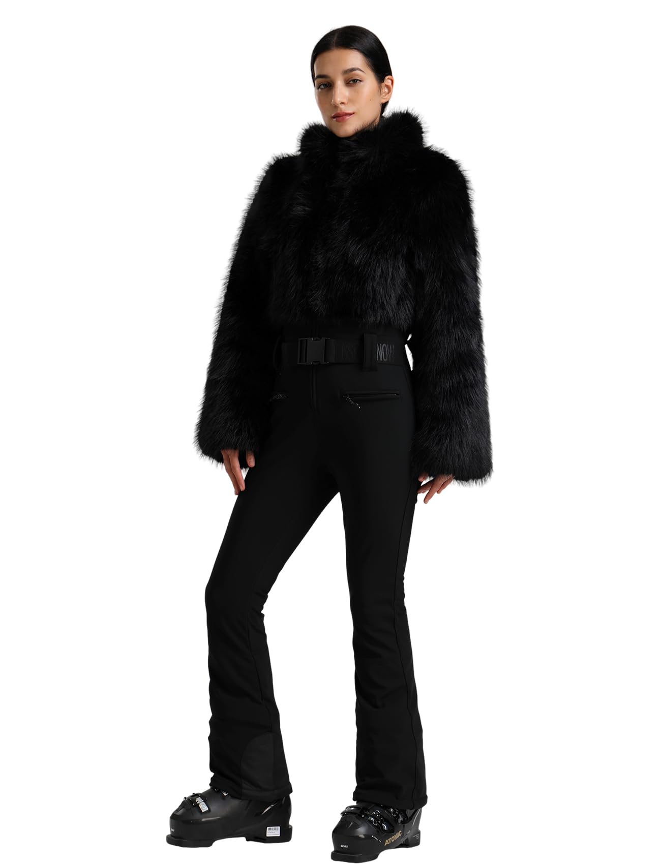 Photo 1 of GSOU SNOW Womens Ski Suit One Piece Jacket Waterproof Snowsuit Slim Fit Insulated Snowboard Ski Outfits Winter Faux Fur Jumpsuit Black L