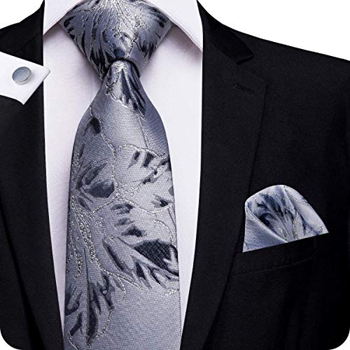 Hi-Tie Men Grey Floral Tie Pocket Square Cufflinks Necktie Set
