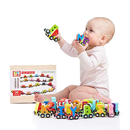 image for HM-tech Wooden Train Set 27 PCS - Magnetic Train Cars Alphabets Set In