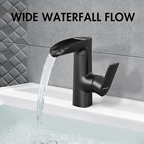 Black Bathroom Faucet - WaterSong Bathroom Sink Faucet, Waterfall Spout Faucet for Bathroom Sink, Matte Black Single Hole Bathroom Faucet, 360° Swivel Spout, RV Modern Bathroom Faucet, 100% Lead-Free