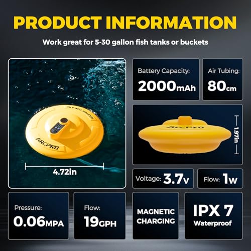Arcpro Floating & Rechargeable Bait Bucket Aerator, IPX7 Waterproof with Magnetic Charging, Ultra-Quiet Bubbler for Live Minnows, Portable Aerator for Fishing