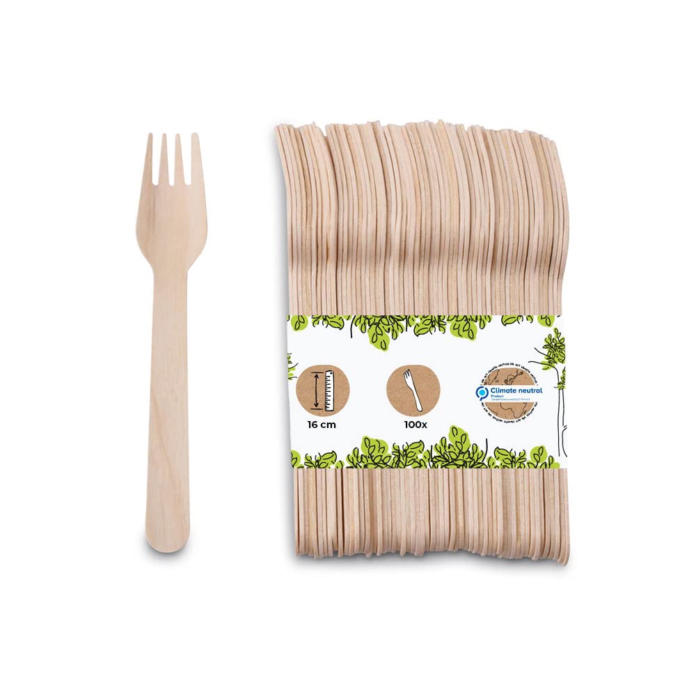 BIOZOYG 100 Disposable Forks Made of Wood | Disposable Cutlery Party Cutlery Wood Cutlery Cutlery Disposable Crockery Biodegradable, compostable Wooden Forks 16.5 cm