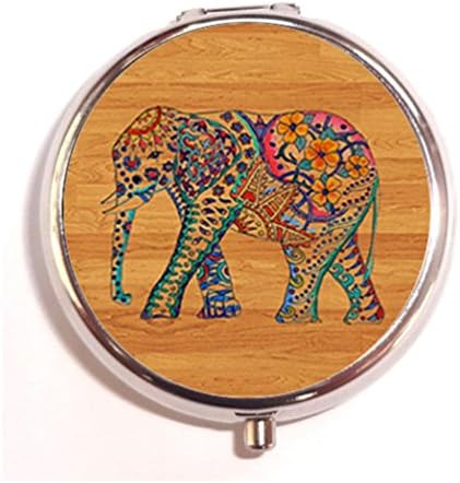 Wooden Elephant Floral Drawing Custom Classic Round Pill Box Pill Case Medicine Organizers or Purse by Friending Design