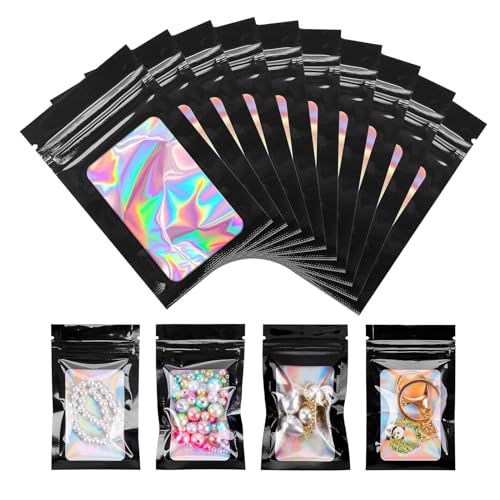 YunKo 100pcs Holographic Mylar Bags - Smell Proof, Resealable Packaging - Black, 2.4x3.9INCH - Ideal for Small Business, Hangover Kits & Goodie Bags