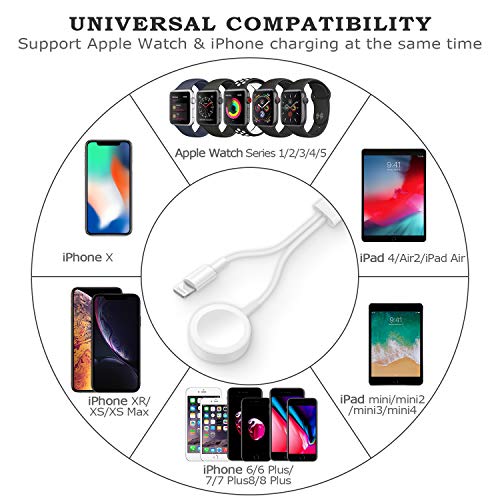 2 in 1 Wireless Charger for Apple Watch Charger & Phone 5ft/1.5m Charging Cable Compatible with for Apple Watch Series 5/4/3/2/1 & iPhone 11/XR/XS/XSMax/X/8/8Plus/iPad4/Air/Mini iWatch Charger