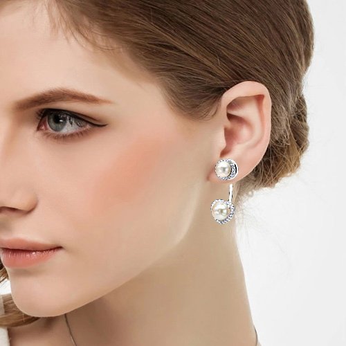 EleQueen 925 Sterling Silver CZ AAA Button Cream Freshwater Cultured Pearl Bridal Modern Ear Jacket Drop Earrings