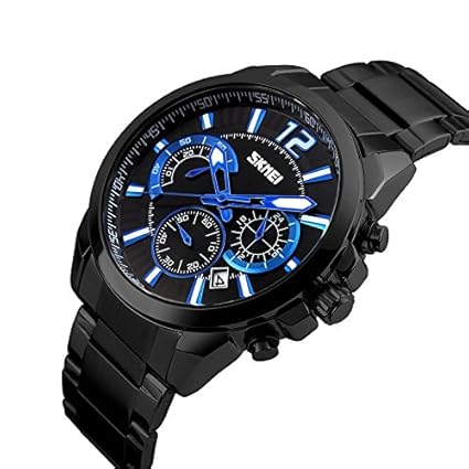 V2A Full Stainless Steel 50 M Waterproof Chronograph Black Round Dial Watch For Men_Skm-9108-Black-Black