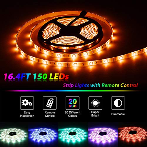 Led Strip Lights, 16.4ft/5M SMD5050 Waterproof RGB Strip Lights, Led Color Changing Strip Lighting with 44 Key Remote Controller Flexible Strip Lights for Home Kitchen Bed Bar Decor