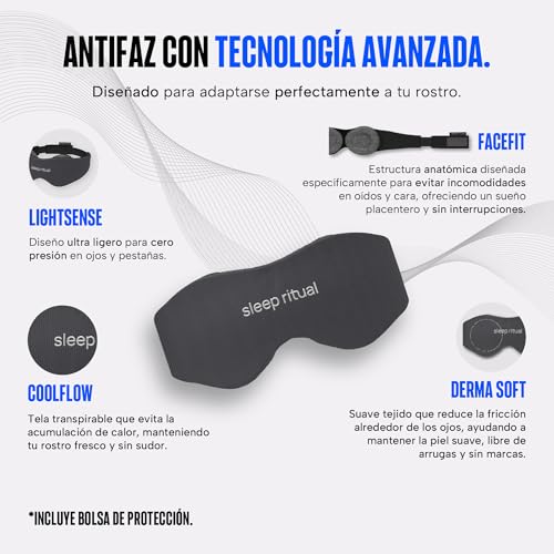 Sleep Ritual Antifaz para Dormir con Tecnología Blackout. Antifaz Premium con Copas Ajustables para Cero Presión Ocular y Tela Transpirable Amigable con la Piel con Velcro de firme fijación. Sleep Mask (Gris Oscuro)