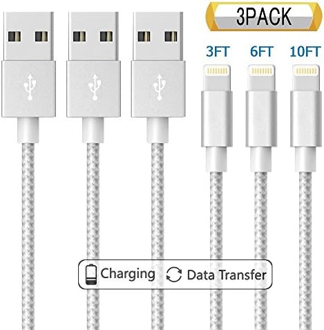 Lightning Cable iPhone Charger 3Pack 3FT / 6FT / 10FT (1M / 2M / 3M) Nylon Braided Charging Cable USB Charger, compatible with iPhone7/7 Plus / 6s / 6s Plus /iPad and iPod (Silver)