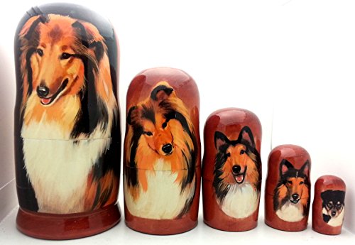 Collie dog nesting dolls Russian Hand Carved Hand Painted 5 piece matryoshka dog Set / 7"H